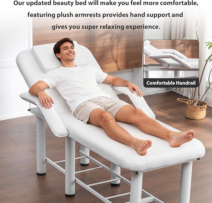 Professioanl Massage Table w/Adjustable Backrest for Treatment Table Spa Facial Bed Barber Beauty Equipment, Metal Frame PU Leather, Armrests Removable Headrest Salon Bed, White