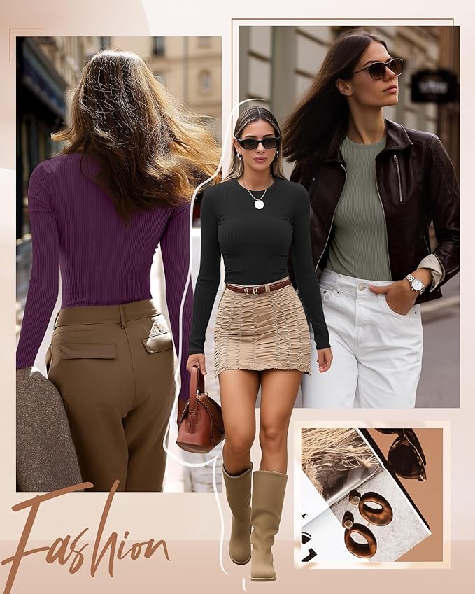 Ficerd 3 Pack Women's Ribbed Long Sleeve Tops, Crew Neck Slim Fit Undershirts Knit Basic Casual Stretch Layering Tee Shirts