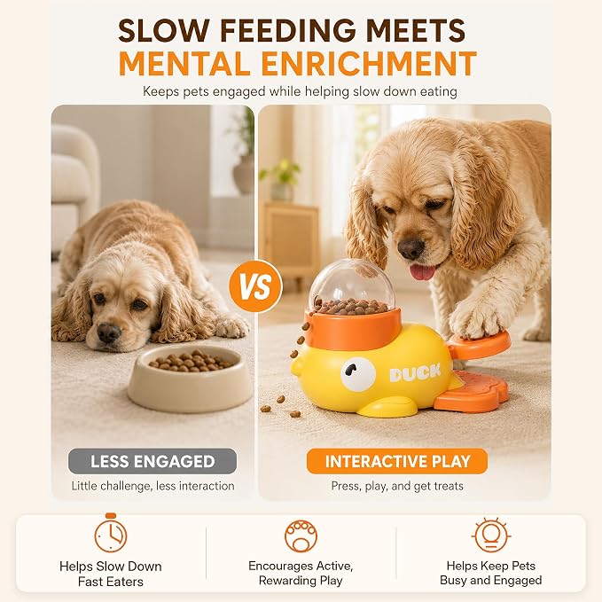 Interactive Dog Puzzle Toy, Cute Duck Treat Dispenser with Anti-Slip Pad, Press-Type Slow Feeder for IQ Training & Boredom Relief, Mental Enrichment for Small Medium Dogs & Cats (Yellow)
