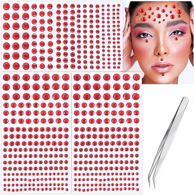 591pcs Face Gems Hair Gems Pearls, Self-Adhesive Face Jewels Eye Rhinestones 3/4/5/6/8 mm Face Gem Stick on, Halloween Makeup Gems Rave Accessories for Face Eyes Body Makeup (15.red)