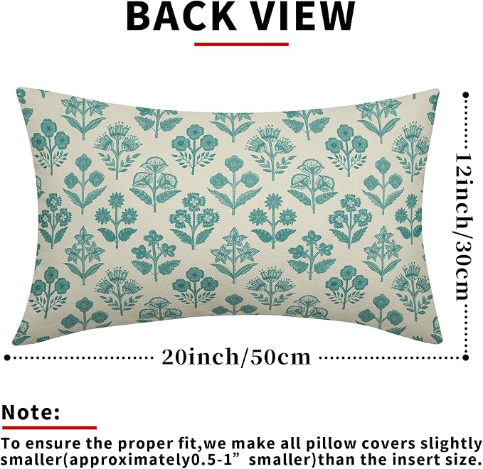 Teal Floral Pillow Covers 12x20 Inch Set of 2, Block Print Lumbar Flower Cream Decorative Throw Pillowcases Outdoor Farmhouse Rectangle Cushion Covers Spring Summer Sofa Couch Bed Decor