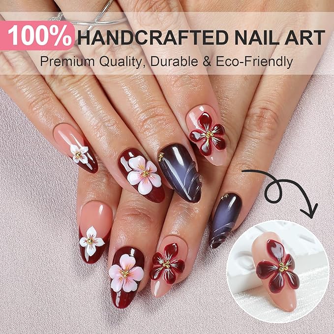 Handmade Press On Nails Almond - 3D Flowers Rhinestone Design Short Fake Nails with French Tips, Salon-Quality Reusable, 10Pcs Includes Adhesive Pads & Nail File, Women's Fall/Winter Gift
