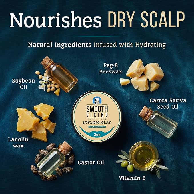Smooth Viking Hair Clay for Men - Strong Hold Clay Pomade, Matte Finish, Oil-Free, Made in USA, All Hair Types, Natural Scent, Easy Wash Out, Thickening, Nourishing, 2oz