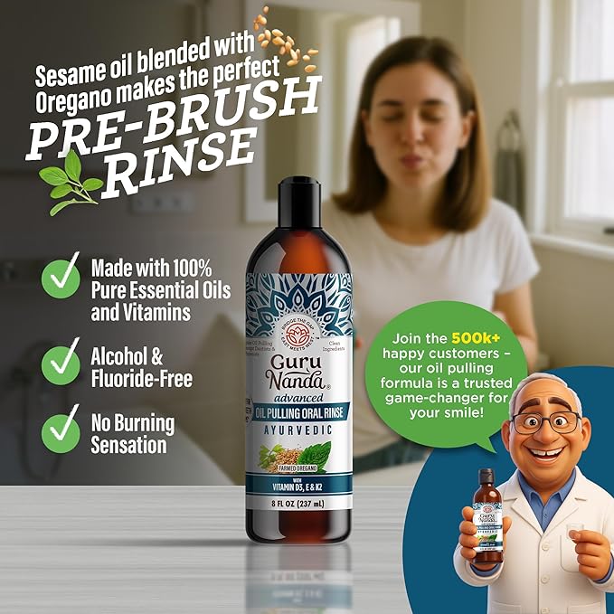 GuruNanda Advanced Oil Pulling Mouthwash for Enhanced Oral Care with Sesame & Oregano Oil, Promotes Deep Cleaning for Healthy Teeth & Gums, with Toothbrush and Tongue Scraper, Alcohol-Free, 8 Oz