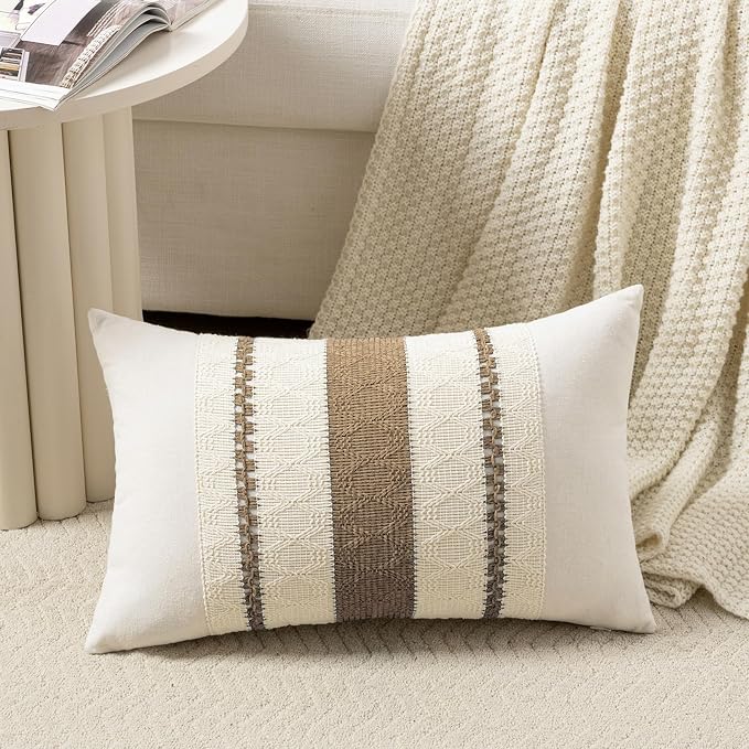 Fancy Homi Set of 1 Boho Light Brown Long Lumbar Decorative Throw Pillow Cover 12x24 Inch for Couch Bed Sofa Chair, Modern Organic Farmhouse Home Decor, Soft Cotton Cute Accent Rectangle Cushion Case