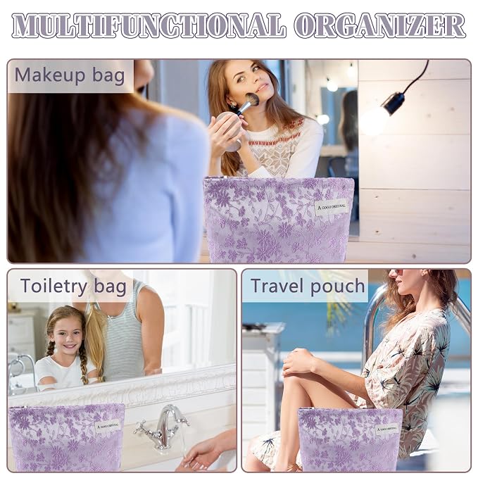 ZLFSRQ Daisy Flower Makeup Bag Travel Cute Floral Cosmetic Bags for Women Large Toiletry Pouch Zipper Cosmetic Pouch for Purse Aesthetic Embroidery Purple Makeup Organizer Bag Portable Toiletry Bags