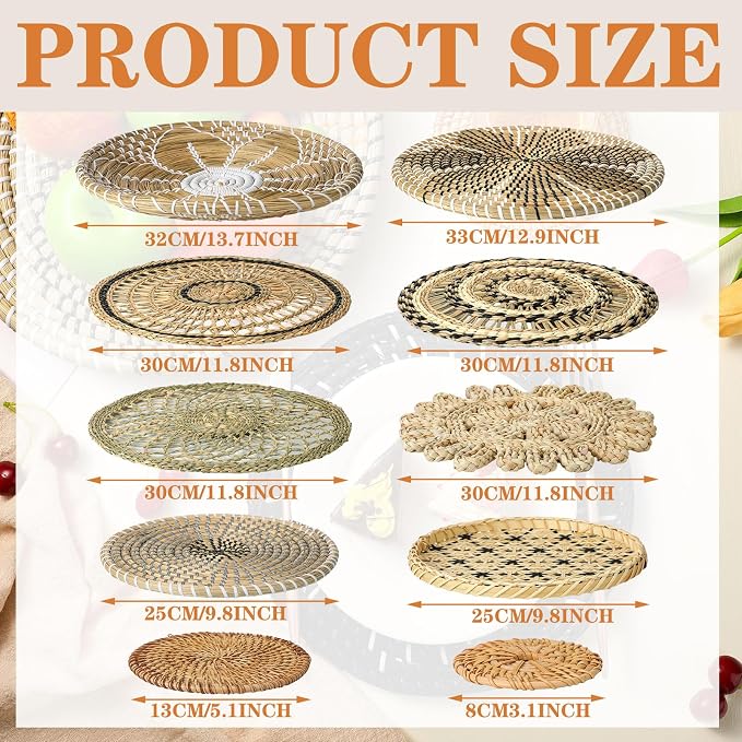 Tatuo 11 Pcs Boho Wall Basket Decor Bulrush Woven Wall Hanging Art Round Farmhouse Rustic Handmade Wicker for Summer Home, Bedroom, Living Room, Kitchen Decorations, Multi Sizes(Vivid)