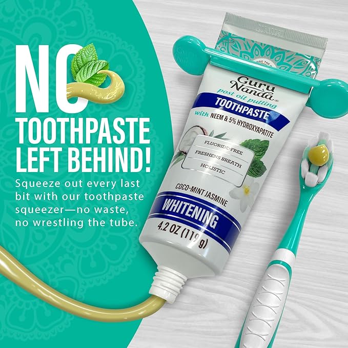 GuruNanda Hydroxyapatite Toothpaste, SLS & Fluoride Free (4 Pack), Whitening Toothpaste - Freshens Breath, Fights Plaque - with 2 Toothbrushes, 2 Tongue Scrapers & 2 Tube Squeezers
