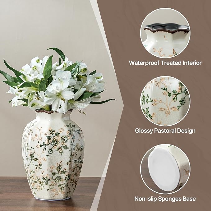 Ceramic Flower Vase for Home Decor, Vintage Green Decorative Vase 6.7 Inch | Rustic Farmhouse Floral Vase for Living Room, Kitchen, Coffee Table, Mantel, Bookshelf, Entryway, Wedding Centerpiece