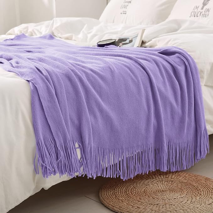 Homiest Lavender Knitted Throw Blanket with Fringe, 50x60 Inch | Pure Acrylic, Lightweight & Breathable, All-Season Use, Machine Washable, Wrinkle & Fade Resistant, for Couch Sofa And Bed