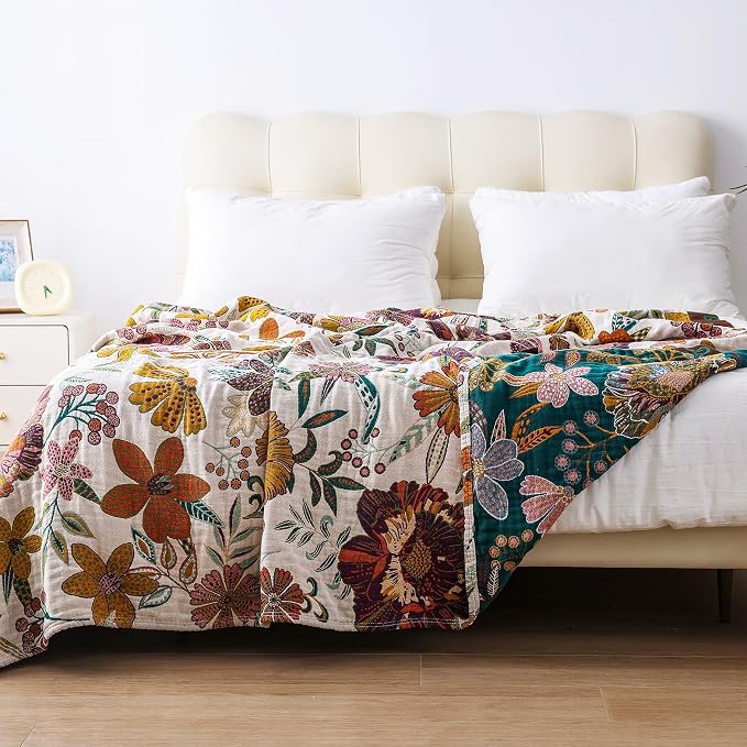 VANJOROY King Boho Throw Blanket for Bed, 100% Cotton Muslin Soft Throw-Floral Farmhouse Rustic Decor Blanket for Couch Sofa Quilt and Gift, 91" x 98"-BeigeWhite