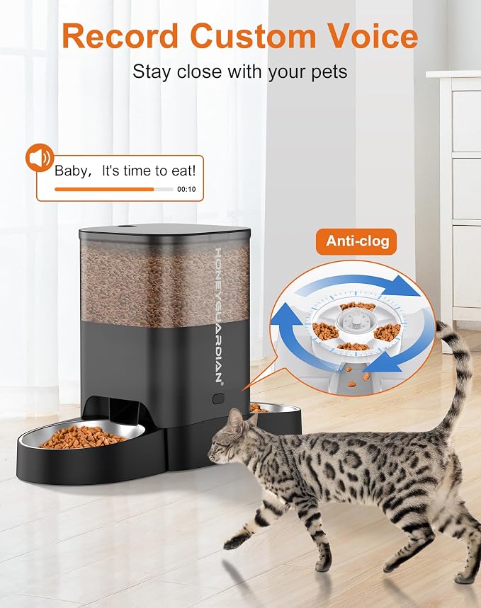 HoneyGuaridan Automatic Cat Feeder for 2 Cats, 2.4/5G WiFi Smart Feed Pet Feeder with Stainless Steel Bowl,APP Control Dispenser, Dual Power Supply,Desiccant Bag,10s Meal Call Black | Pet Feeder with Stainless Steel Bowl,Automatic Cat Food Dispenser,Mu...