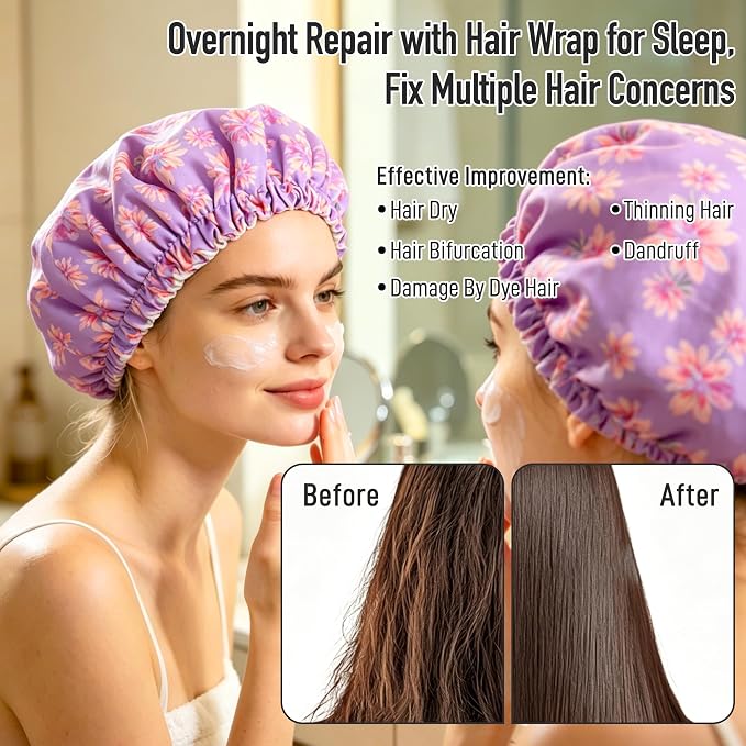 Castor Oil Pack Wrap Organic Cotton for Hair Growth, Overnight Hair Wrap for Sleep, Reusable Hair Mask Cap for Castor Oil Treatment of Balding,Thinning Dry and Damaged Hair(Oil Not Included) Purple, M