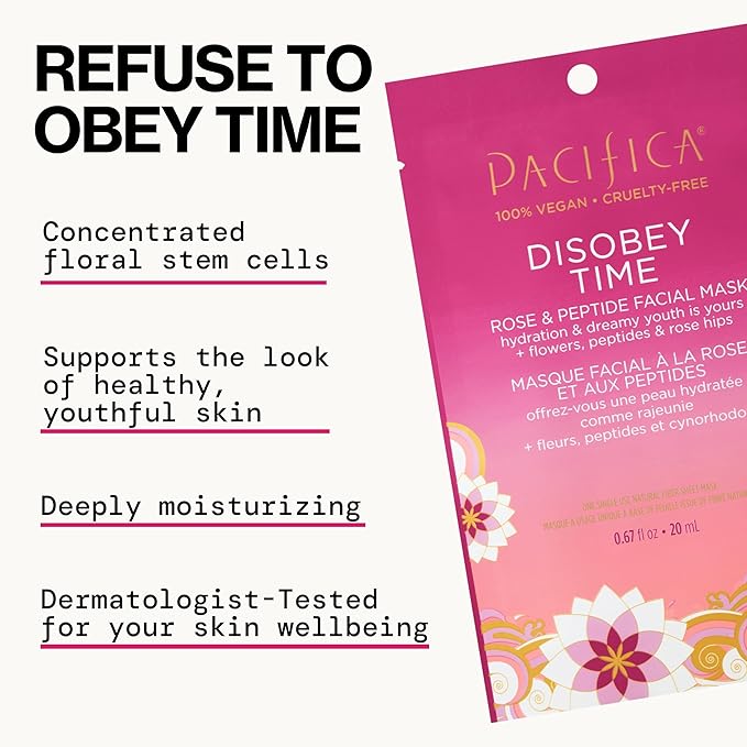 Pacifica Disobey Time Anti-Aging Facial Sheet Mask 6-Pack – Hydrating Rose & Peptide Mask for Dry Skin, Infused with Hyaluronic Acid & Green Tea, Fights Fine Lines, Vegan & Cruelty-Free