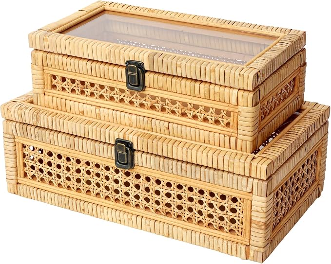 DECOR4SEASON Rattan and Cane Stacking Boxes with Glass Top Lid - Set of 2 for Boho, and Rustic Farmhouse Decor | Natural Rattan Texture, Vintage Trunk Style, Decorative Storage Boxes for Boho, and Rustic Farmhouse Decor