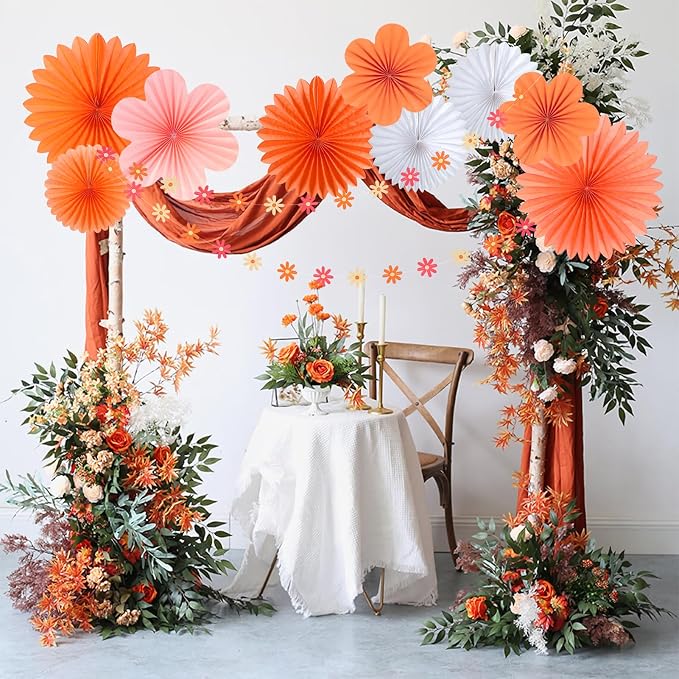 SUNBEAUTY Pink and Orange Party Decorations, Paper Flowers Decoration Fans | 9 Pcs Orange & Pink groovy paper fans, Paper flowers decorations for wall, Wall hanging decor, Office, Classroom, Baby shower