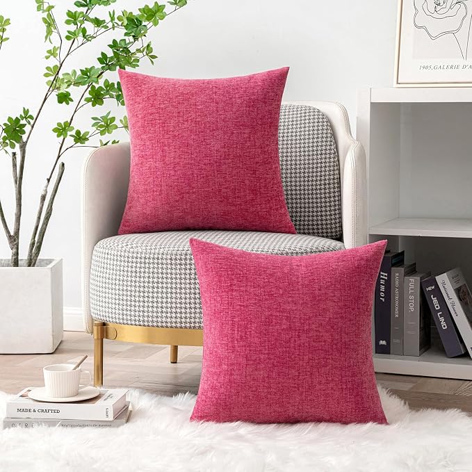 MIULEE Soft Chenille Throw Pillow Covers Hot Pink 16x16 Inch Pack of 2 | Modern Home Decor, Classic Decorative Pillows, Solid Dyed Cases, Boho Couch Cushion Covers for Sofa Bed Living Room