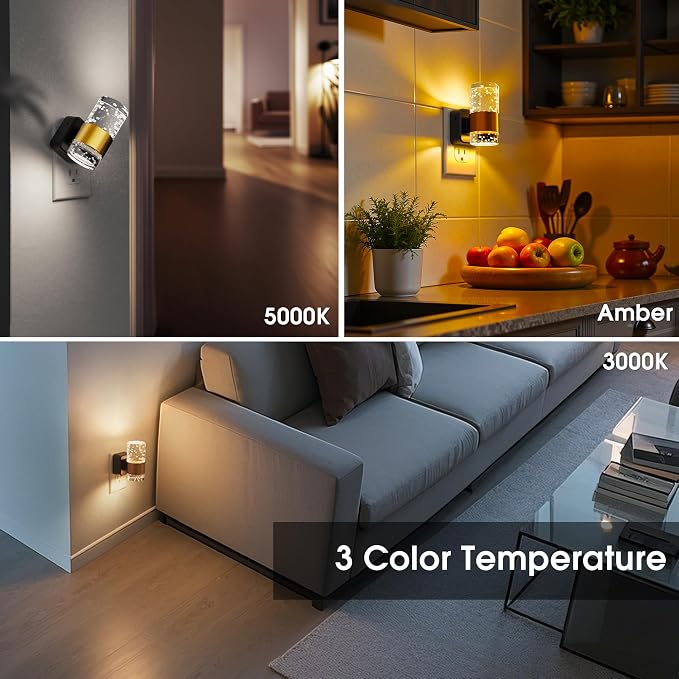L LOHAS LED Night Lights Plug into Wall, Dusk-to-Dawn Sensor Night Light | Soft White/Cool White/Amber 3 Light Color, Adjustable Brightness, Rotatable plug, Bubble Nightlight for Hallway