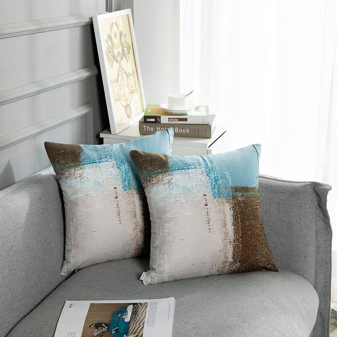 Throw Pillow Covers Set of 2, 20 x 20 Inch, Beige Blue Brown | Abstract Modern Art Outdoor Decorative Square Pillow Cases Couch Cushion Case for Couch Bed Sofa Living Room Home Decor