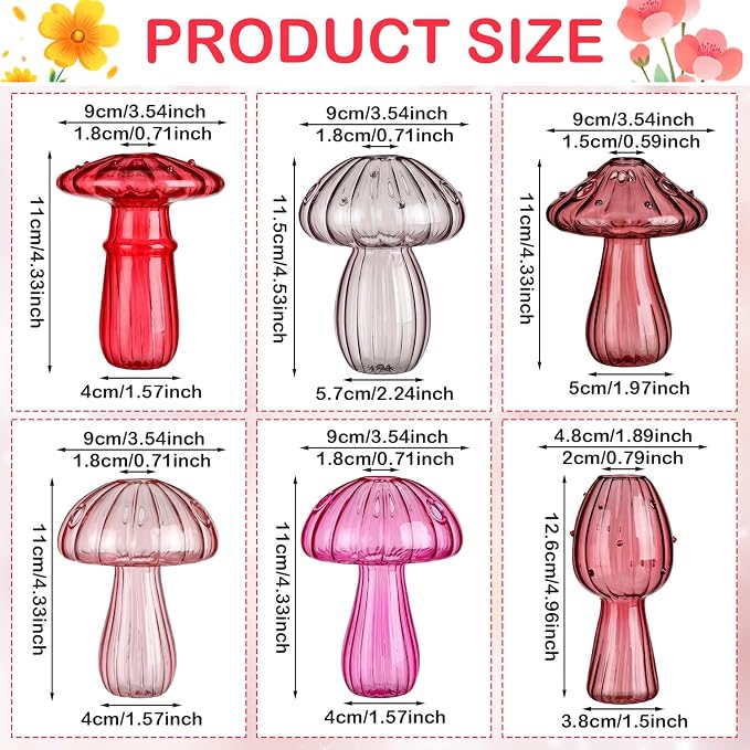 7 Pcs Glass Mushroom Vase Propagation Station with Hydroponic Plant and Artificial Fake Moss 6 Colored Plant Vase Table Centerpiece Decor for Forest Birthday Wedding Party Decoration (Pink)