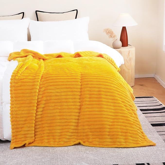Gold Fleece Throw Blanket 90”×90” for Couch Sofa Livingroom | Super Soft Cozy Plush Microfiber Flannel Bed Blanket Striped Design Lightweight Home Decor Gifts for Adults Mom Women