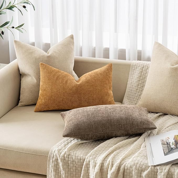 MIULEE 12x20 Inch Lumbar Textured Chenille Throw Pillow Covers Golden Brown | Pack of 2 Decorative Soft Throw Pillows, Solid Textured Cushion Covers, Modern Home Decor for Couch Sofa Bedroom Living Room