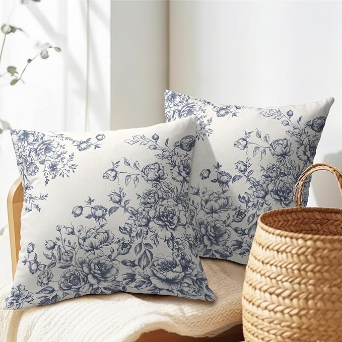 Kawani Blue Floral Throw Pillow Covers 22x22 Inch Pack of 2, Vintage Grandmillennial Style Chinoiserie Floral Square Pillowcase Cotton Linen Cushion Case for Couch Sofa Bed Home Decor
