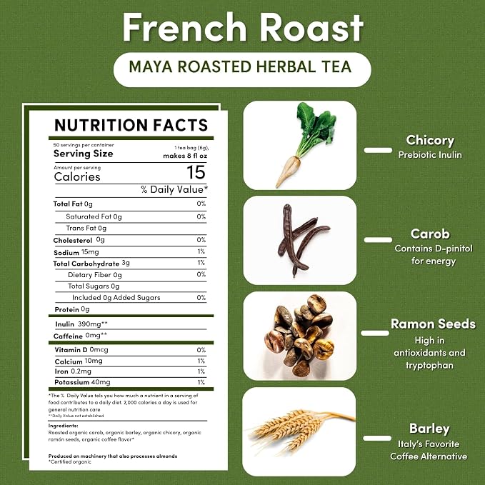 Teeccino French Roast Herbal Tea - Rich & Roasted Herbal Tea That’s Caffeine Free & Prebiotic for Natural Energy, Coffee Alternative, 50 Tagless Eco-Friendly Tea Bags