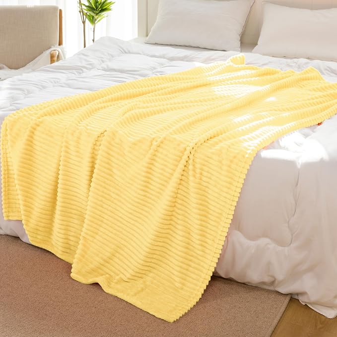 Vessia Flannel Fleece Throw Blanket, 300GSM Cozy Light Yellow Striped Throw Blanket for Couch, Sofa and Bed, Warm and Soft Cozy Pale Yellow Microfiber Ribbed Decor for All Season