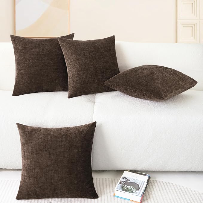 CaliTime Decorative Couch Throw Pillow Covers 18 X 18 Inches Coffee | Pack of 4, Cozy Chenille Cushion Cases for Sofa Bed Living Room Farmhouse Home