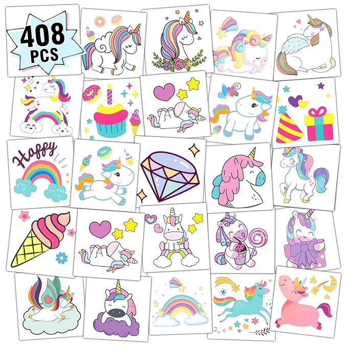 Partywind 408 PCS Kids Tattoos for Party Supplies, Individually Wrapped Sheet Temporary Tattoos Stickers for Kids Goodie Bag Stuffers, Fun Birthday Party Favors - Unicorns