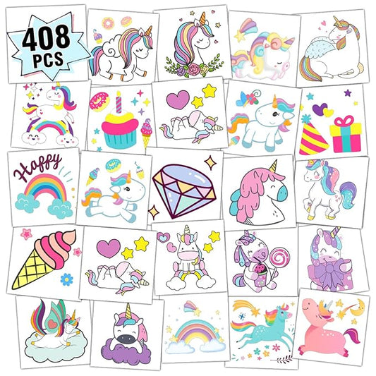 Partywind 408 PCS Kids Tattoos for Party Supplies, Individually Wrapped Sheet Temporary Tattoos Stickers for Kids Goodie Bag Stuffers, Fun Birthday Party Favors - Unicorns