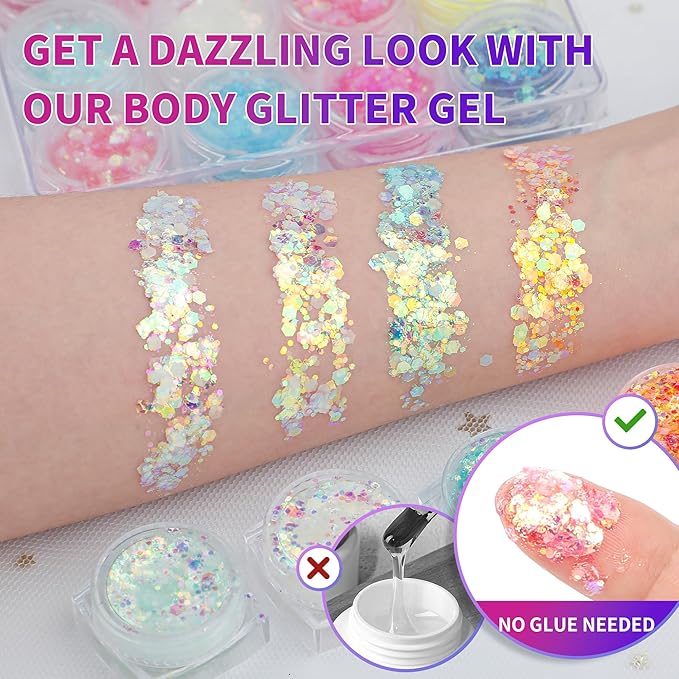 Glow in The Dark Body Face Glitter Gel for Women, 12 Colors Glitter Gel Makeup Chunky Fine Glitter, UV Black Light Accessories for Body/Face/Hair/Eyeshadow, Carnival Party(Not Loose Glitter)