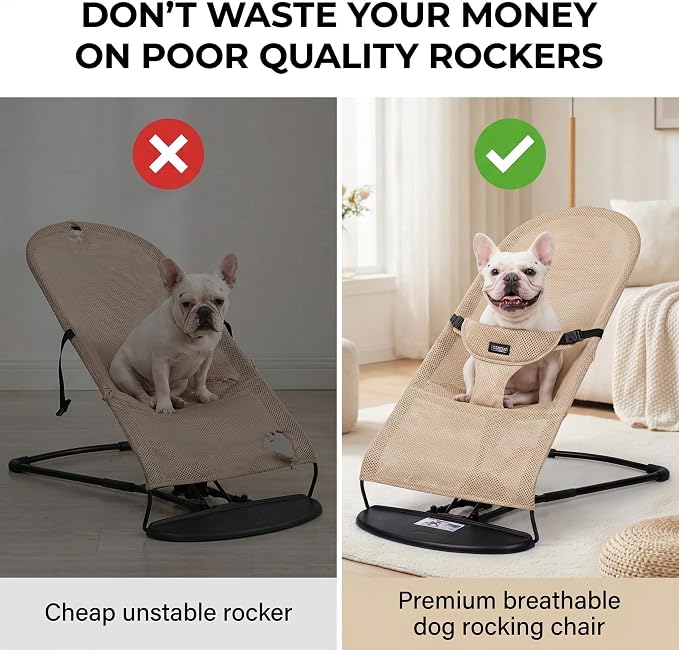 Cat & Dog Rocking Chair - Bouncer Bed for Frenchie, French Bulldog Lounge, Outdoor Portable Foldable Pet Furniture. Adjustable Height, Breathable Mesh, Safety Harness for Small Animals & Puppies