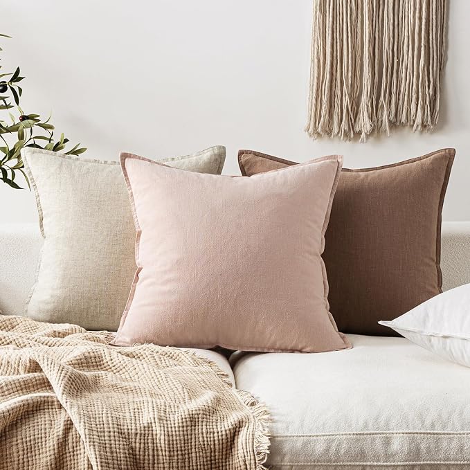 EMEMA Euro Sham Decorative Linen Throw Pillow Covers 22x22 Inch Pink | Boho Farmhouse Neutral Couch Throw Pillows for Bed Pack of 2 Accent Pillowcase Modern Sofa Cushion Livingroom Home Decor