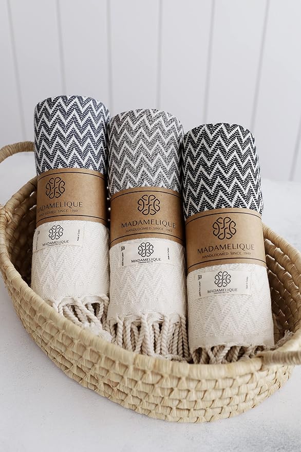 Madamelique Exclusive Hand Towels Set of 2-18 x 40 Inches - Decorative Bathroom Peshtemal Towel for Hand, Face, Hair, Yoga, Tea, Dishcloth, Kitchen and Bath - 100% Pure Cotton (Black)