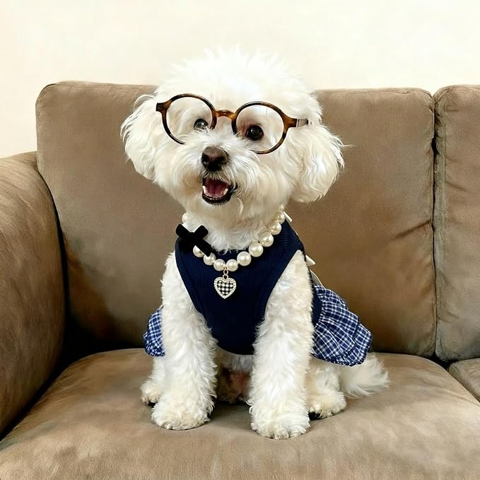 Dog Dresses, Plaid Pet Dress with Glasses and Pearl Necklace, Cute Pet Clothes Outfit Breathable Puppy Skirt Costume for Small Dog Cat Girls, Parties & Photos Favorite (Navy Blue, S)