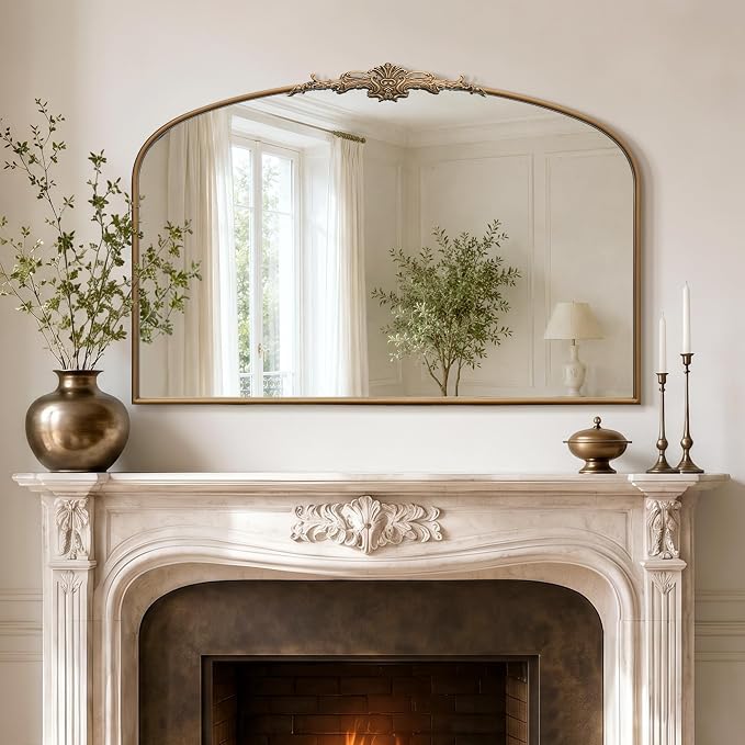 Besdomus Vintage Arch Gold Mirror: 48"x33" Oversize Brass Decorative Mirror | French Baroque Metal Framed - Traditional Ornate for Home Renovation Decor - Ideal for Foyer/Entryway/Fireplace/Living Room