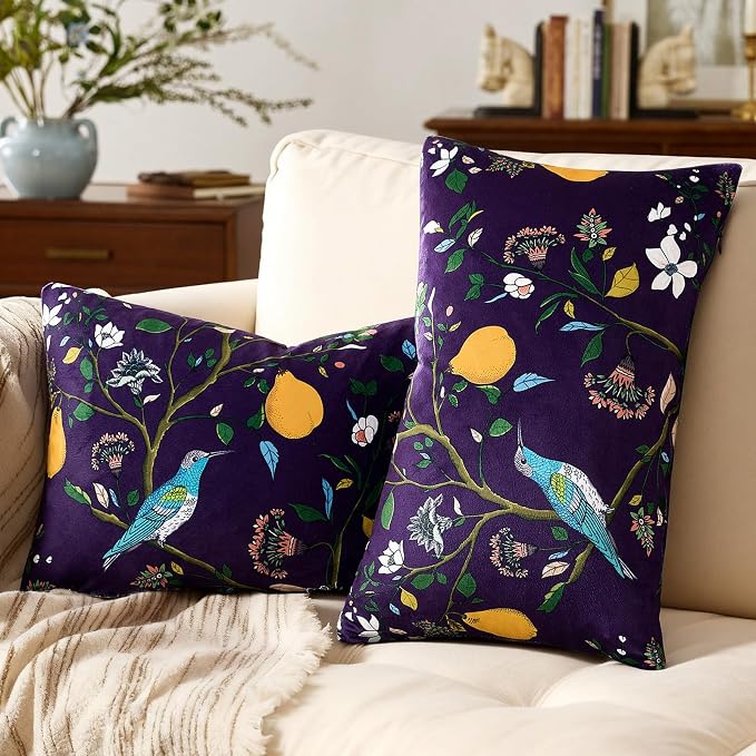 MUSSEL Purple Velvet Floral Decorative 12x20 Lumbar Pillow Covers Set of 2 | Durable and Sturdy,Botanical Printed Pattern,Throw Pillows Case,Rectangle,Colorful Farmhouse,Home Sofa Bed Couch Decor