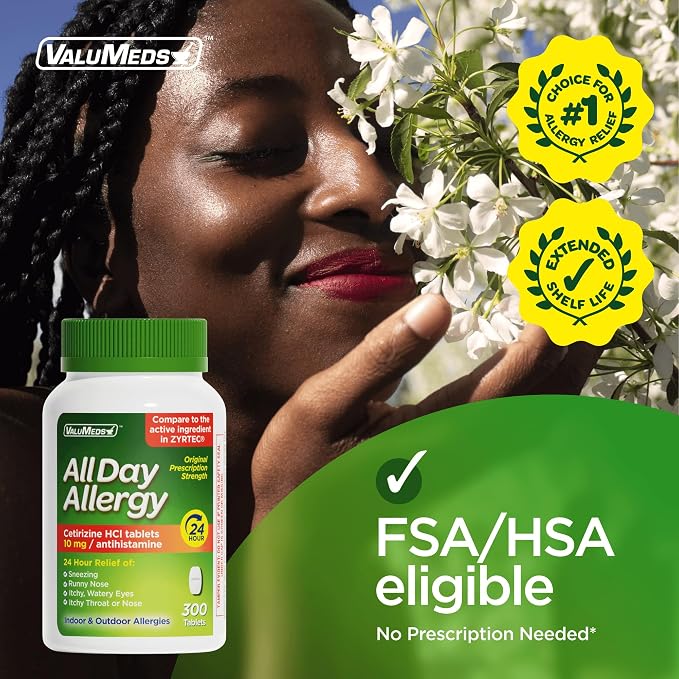 ValuMeds 24-Hour Allergy Medicine Antihistamine for Pollen, Hay Fever, Dry, Itchy Eyes, Allergies | Cetirizine HCl 10mg Caplets, Compare to Leading Brand (300 Count)