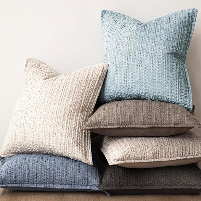 Foindtower Set of 2 Decorative Cotton Waffle Weave Throw Pillow Covers Euro Shams Cushion Covers Accent European Pillowcase for Bed Couch Sofa Bedroom Living Room Home Decor 24×24 Inch Light Blue