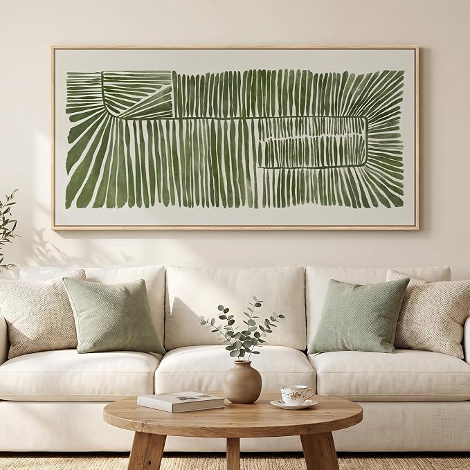 Large Framed Horizontal Green Abstract Botanical Canvas Wall Art, 60x30 In | Modern organic pictures, Minimalist artwork for walls, Wood frame, Canvas prints, Wall decor for living room, Bedroom, Dining