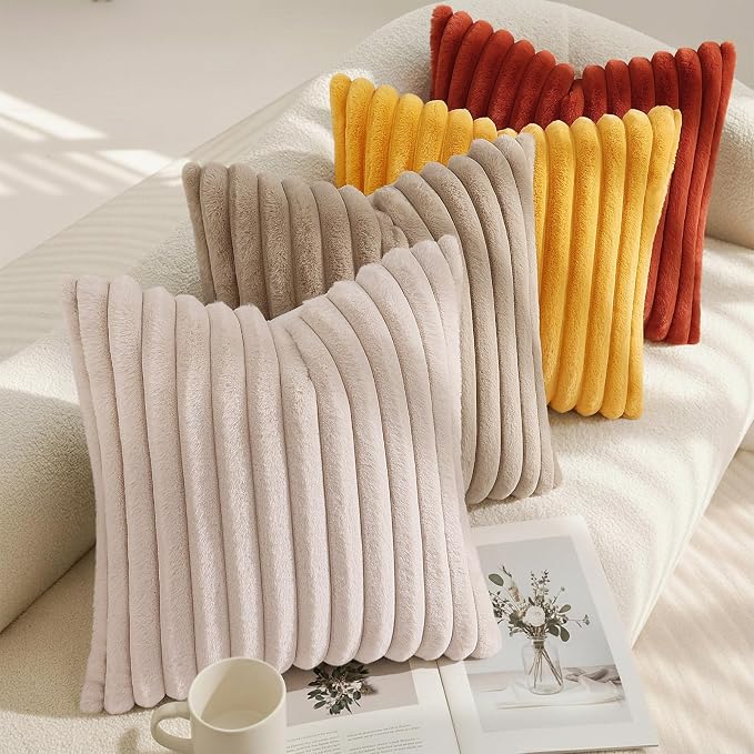 decorUhome Fall Faux Fur Throw Pillow Covers 20x20 Set of 2 Mustard Yellow | Decorative Soft Cozy Striped Plush Modern Farmhouse Boho Couch Pillow Cases Velvet Back for Sofa Bed Living Room Home Decor