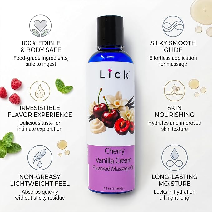 Lick Cherry Vanilla Cream Flavored Massage Oil – Tropical Edible Massage Oil with Sweet Almond Oil & Vitamin E, Hydrating Body-Safe Formula for Relaxing Couples Massage, 4 oz