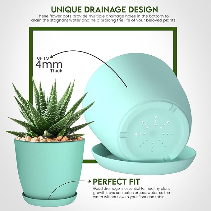 Plant Pots Indoor with Drainage, 5 Pack Multi-Size Planters Set, Aqua | Drainage holes included Multiple sizes 7/6.6/6/5.3/4.8 In Indoor plants and flowers Durable plastic construction