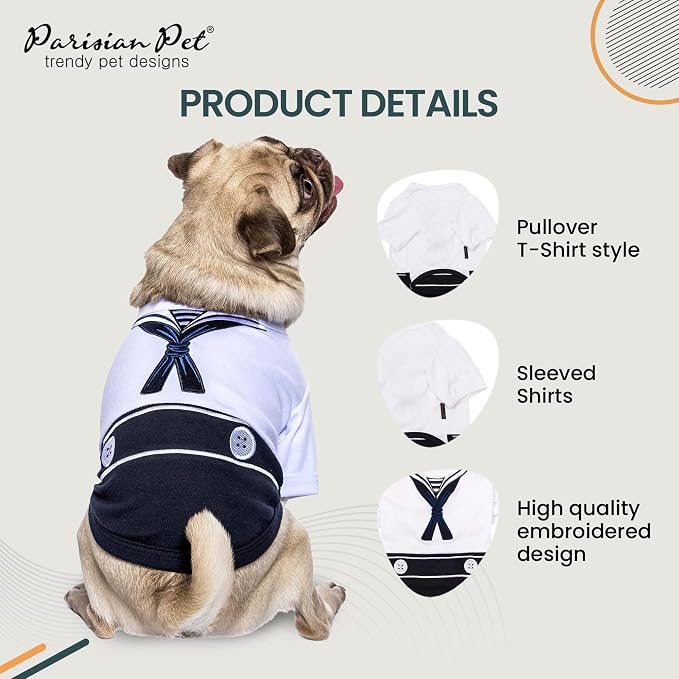 Parisian Pet Sailor Dog Costume - 100% Cotton Dog Clothes for Medium Dogs Boys - Lightweight and Breathable Puppy Outfits - Funny Schitzu Clothes - Cute Navy Pet Shirt - Stretchy T Shirt for Dogs