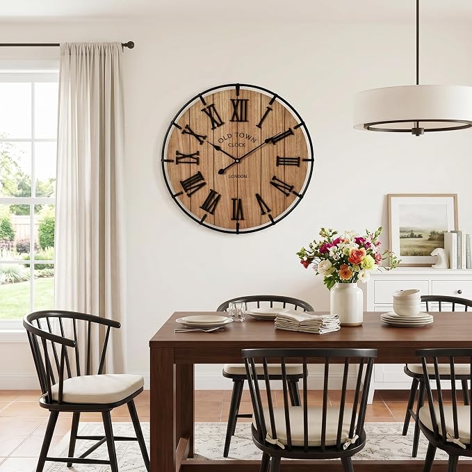 EMAX HOME 24 Inch Large Farmhouse Wall Clock, Natural Wood Grain Face with Black Metal Frame, Silent Non-Ticking Quartz Movement, Vintage Wall Decor for Living Room, Bedroom, Dining Room
