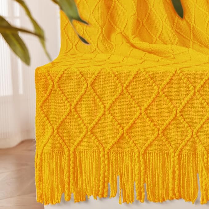 inhand Golden Yellow Knitted Throw Blanket for Couch and Bed, 50"x60" | Knit Fall Decor Halloween Blanket with Tassel, Lightweight Decorative Farmhouse Warm Woven Blankets and Throws for Women