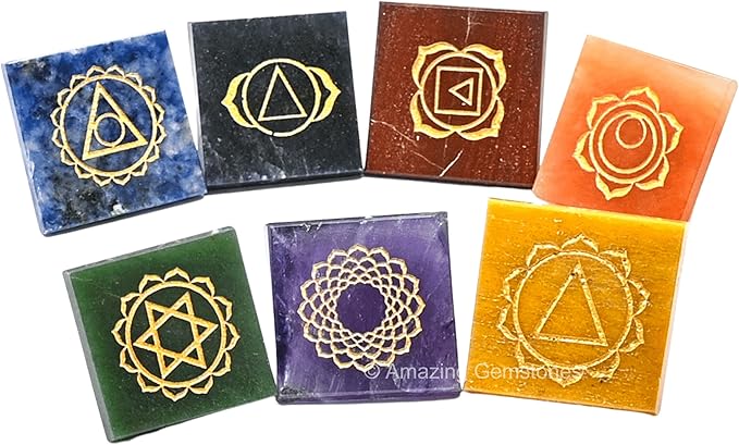Amazing Gemstone 7 Chakra Pyramid Set for Reiki Healing Crystal with Engraved Reiki Symbols - Energy Balancing Polished Chakra Set with Velvet Pouch