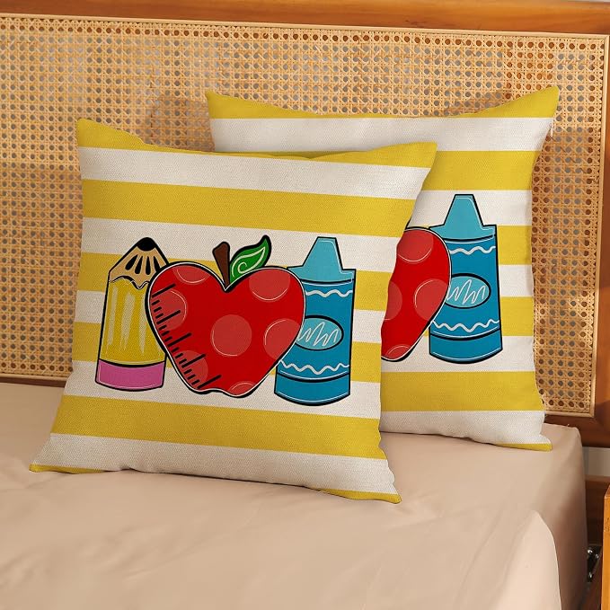 Classroom Pillow Covers 16x16 Inch Set of 2 Yellow Stripes Preppy Throw Pillows Kids Students Back to School Decor Pillowcase Linen Outdoor Decorations Farmhouse Cushion Case for Sofa Home